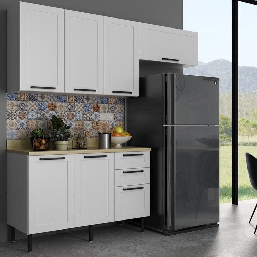 Cozinha Internacional 200cm 3 Peças, 6 Portas e 3 Gavetas Branco