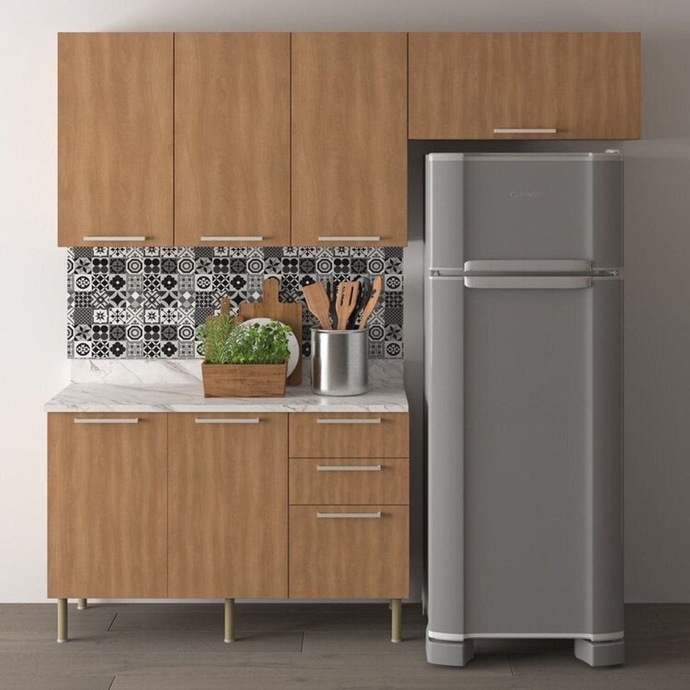 Cozinha Compacta 200cm 4 Peças, 6 Portas e 3 Gavetas Freijó