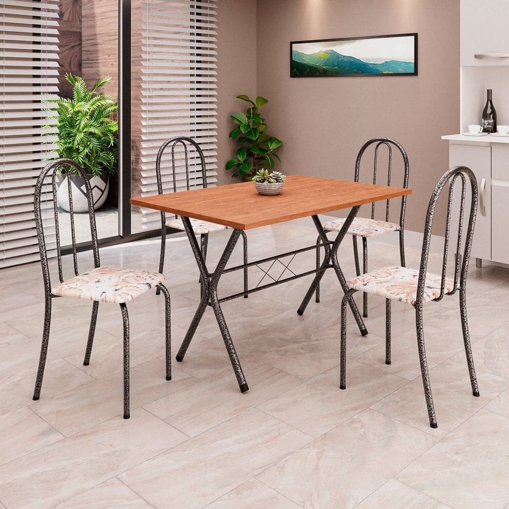 Conjunto de Mesa Tubular 62 100x60cm Tampo em Mdfcom 4 Cadeiras Ane B Botanic Bege / Mart Prata