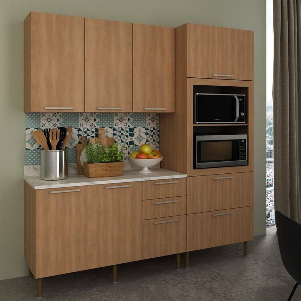 Cozinha Compacta 200cm 4 Peças, 6 Portas e 5 Gavetas Freijó