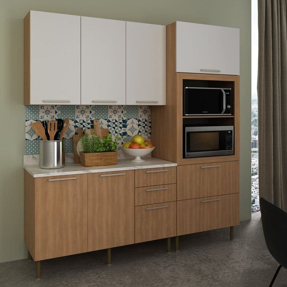 Cozinha Compacta 200cm 4 Peças, 6 Portas e 5 Gavetas Freijó/Branco