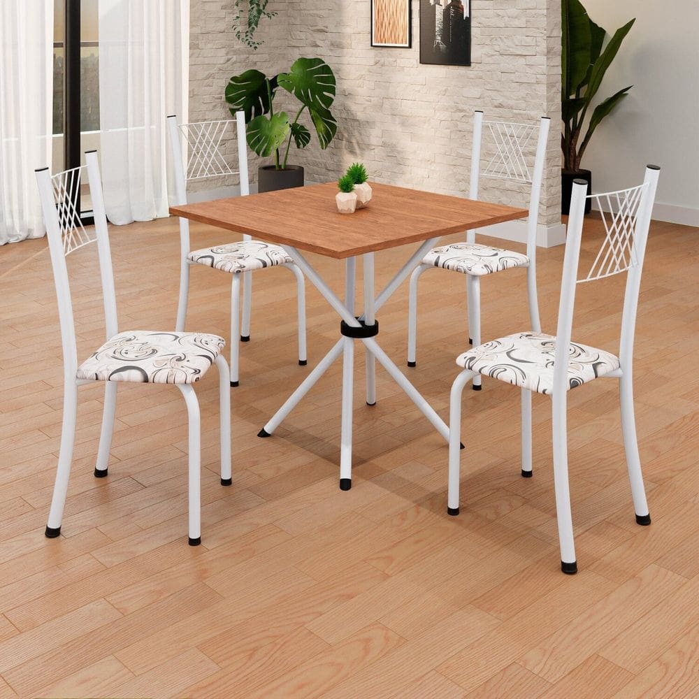 Conjunto de Mesa Tubular 70x70cm Tampo em Mdf 4 Cadeiras Sara Arabesco/ Branco