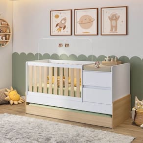 Berço Cama Multifuncional Auri com 2 Gavetas e Cama Auxiliar Casatema CarvalhoMel/Branco