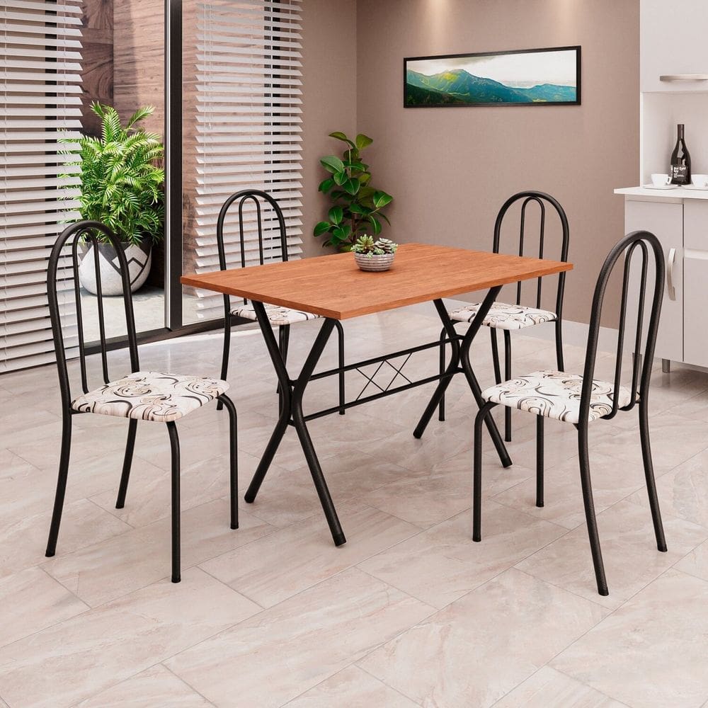 Conjunto de Mesa Tubular 62 100x60cm Tampo em Mdf com 4 Cadeiras Ane B Arabesco / Preto