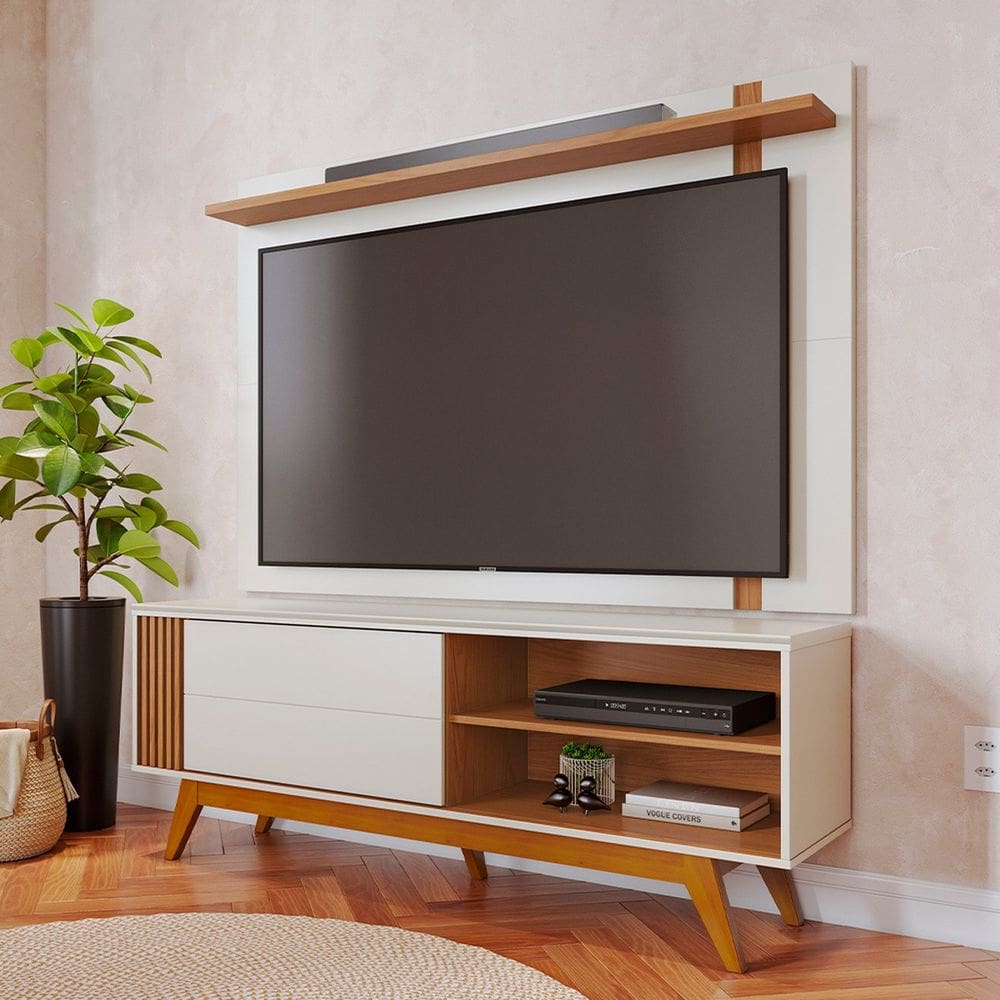 Rack com Painel para Tv 70 Polegadas Otawa e Leme Porta Deslizante Ripado Artesanal Pés Madeira Off White Matte / Freijó
