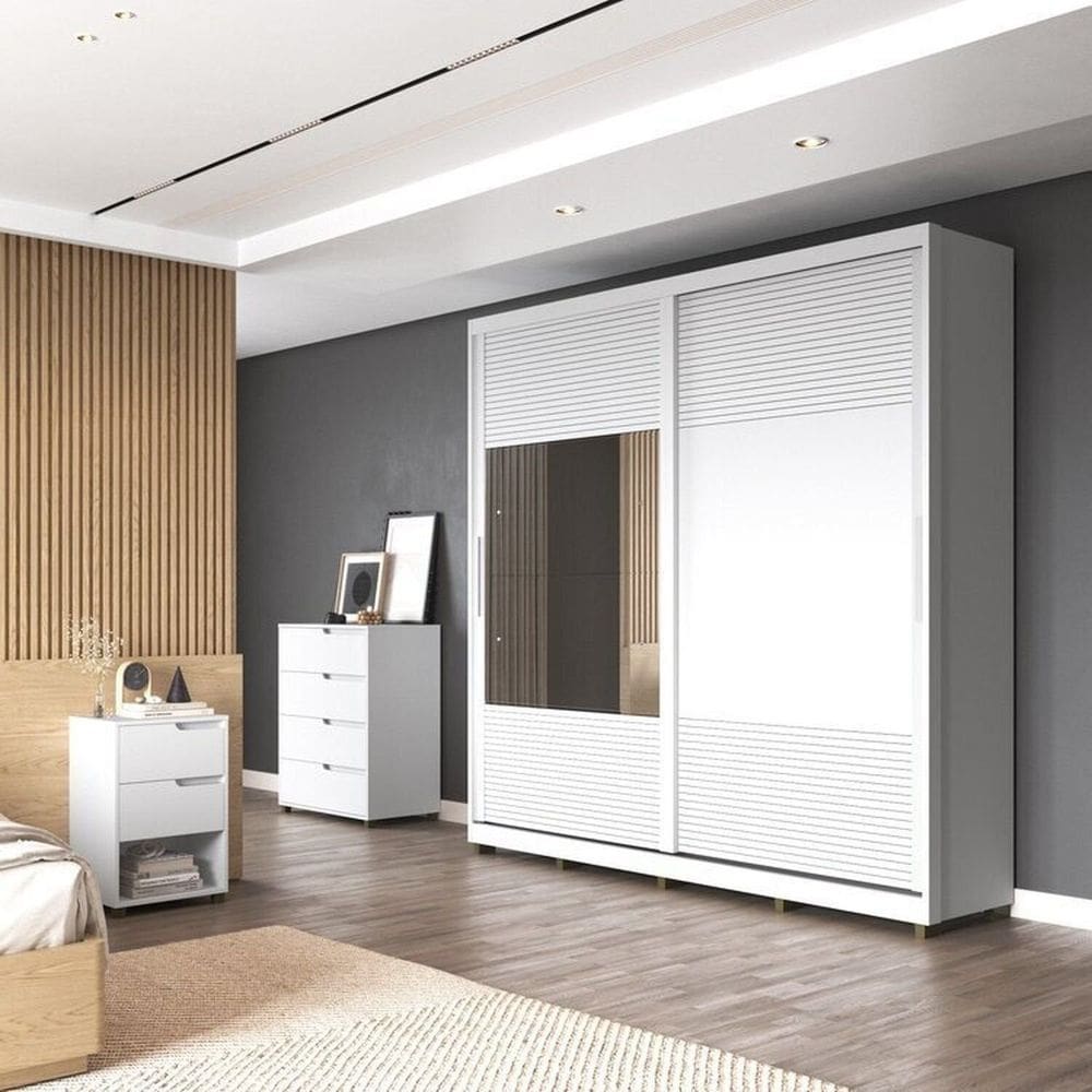 Quarto Casal com Guarda-Roupa 2 Portas de Correr, 1 Cômoda e 2 Mesas de Cabeceira Malthus Branco