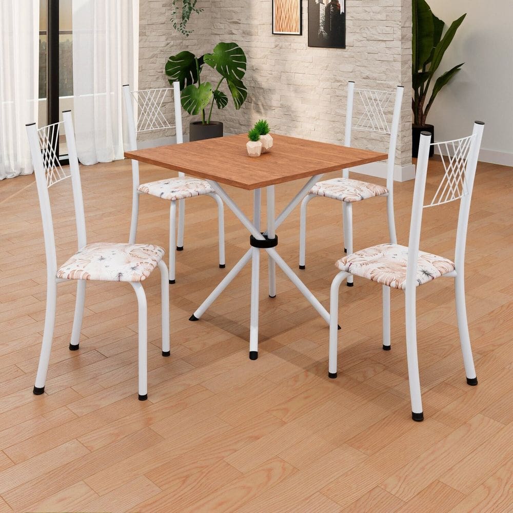 Conjunto de Mesa Tubular 70x70cm Tampo em Mdf 4 Cadeiras Sara Botanic Bege / Branco