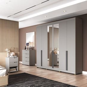 Quarto Casal com Guarda-Roupa 6 Portas, Cômoda e 2 Mesas de Cabeceira Newton Cinza