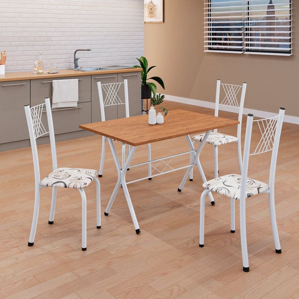 Conjunto de Mesa Tubular 062 100x60cm Tampo em Mdf com 4 Cadeiras Sara Arabesco/ Branco
