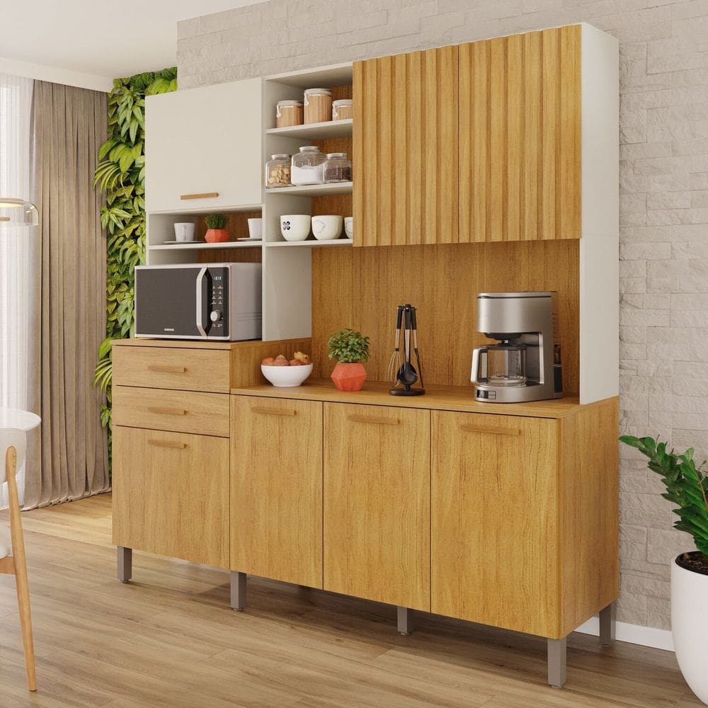 Cozinha Compacta 7 Portas 2 Gavetas Lagos Cinamomo / Off White Acetinado