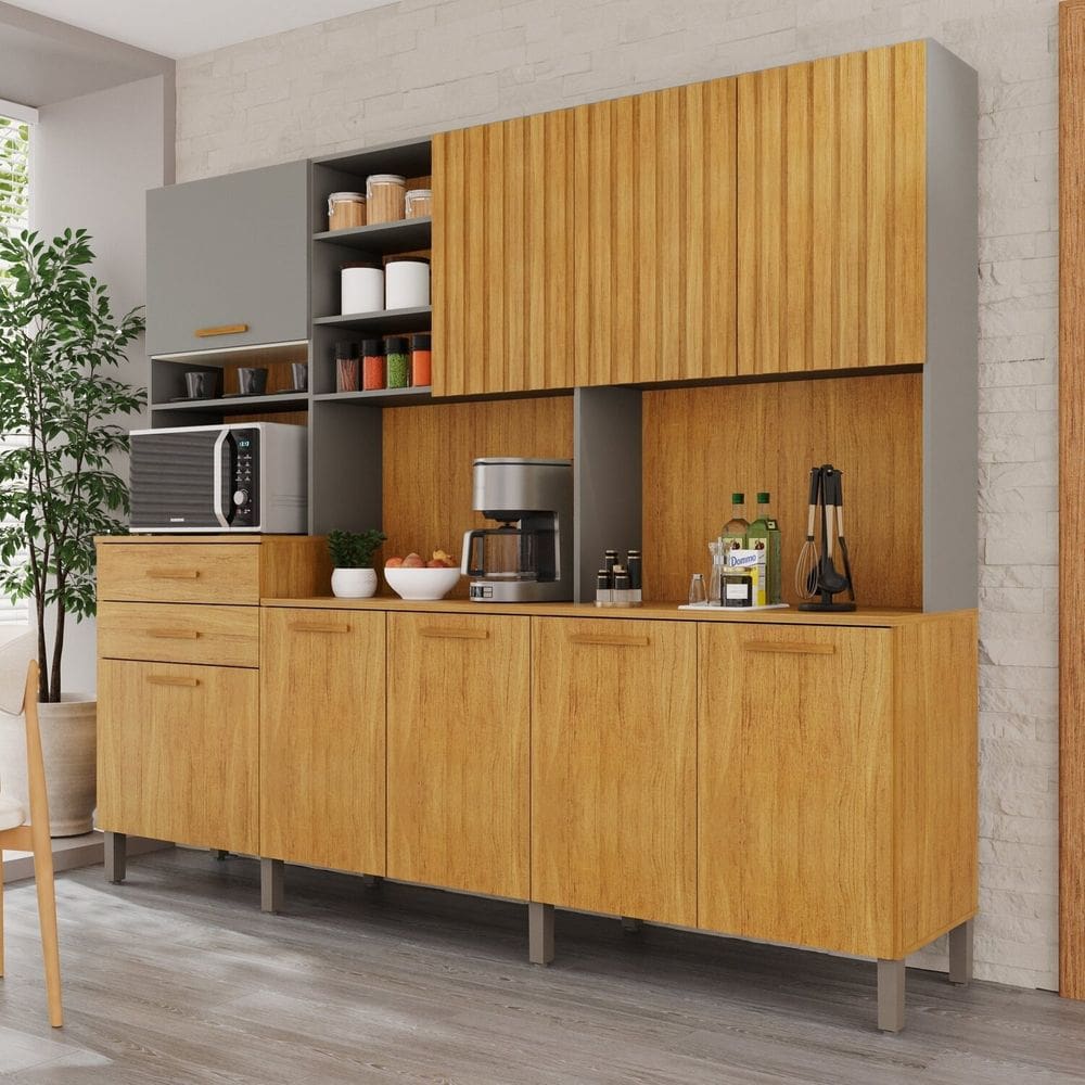 Cozinha Compacta 9 Portas 2 Gavetas Louvre Cinamomo / Cinza Acetinado