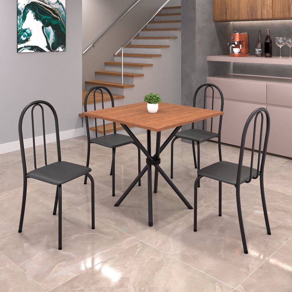 Conjunto de Mesa Tubular 70x70cm Tampo em Mdf com 4 Cadeiras Ane B Preto Liso / Preto TXT