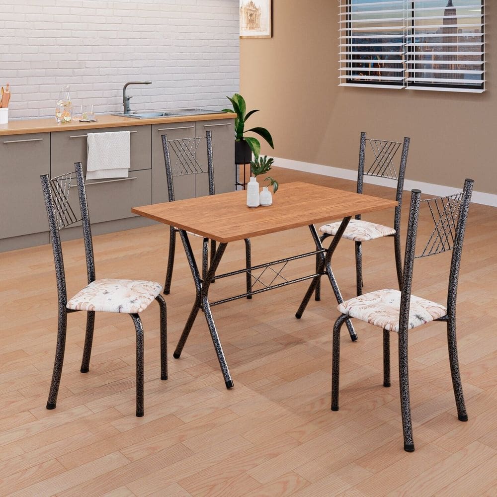 Conjunto de Mesa Tubular 062 100x60cm Tampo em Mdf com 4 Cadeiras Sara Botanic Bege / Mart Prata