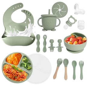 Conjunto de alimentação para bebês Catvegue, 17 peças, sem BPA, silicone verde 6+M