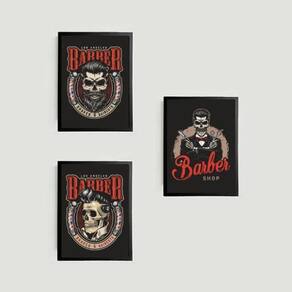 Kit 3 Quadros Barber Shop Skull 33X24Cm - Com Vidro