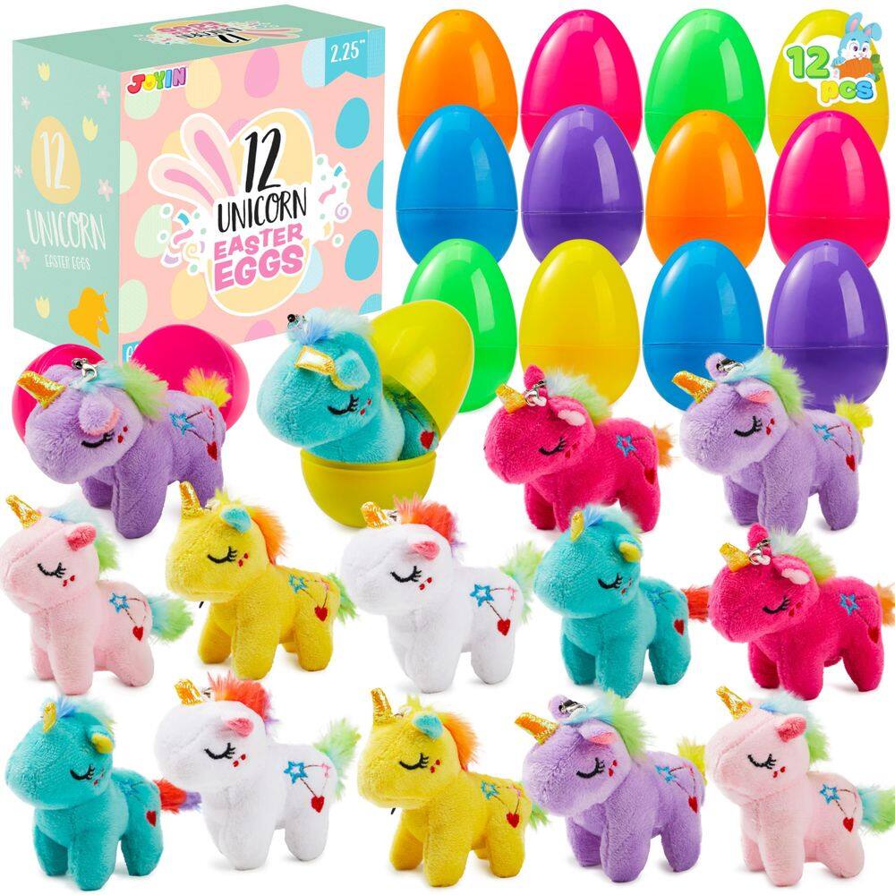 Ovos de Páscoa cheios de JOYIN com unicórnio de pelúcia para crianças, 12 unidades