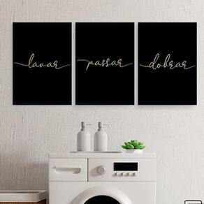 Kit 3 Quadros Lavar Passar Dobrar Lavanderia 45X34Cm - Preta