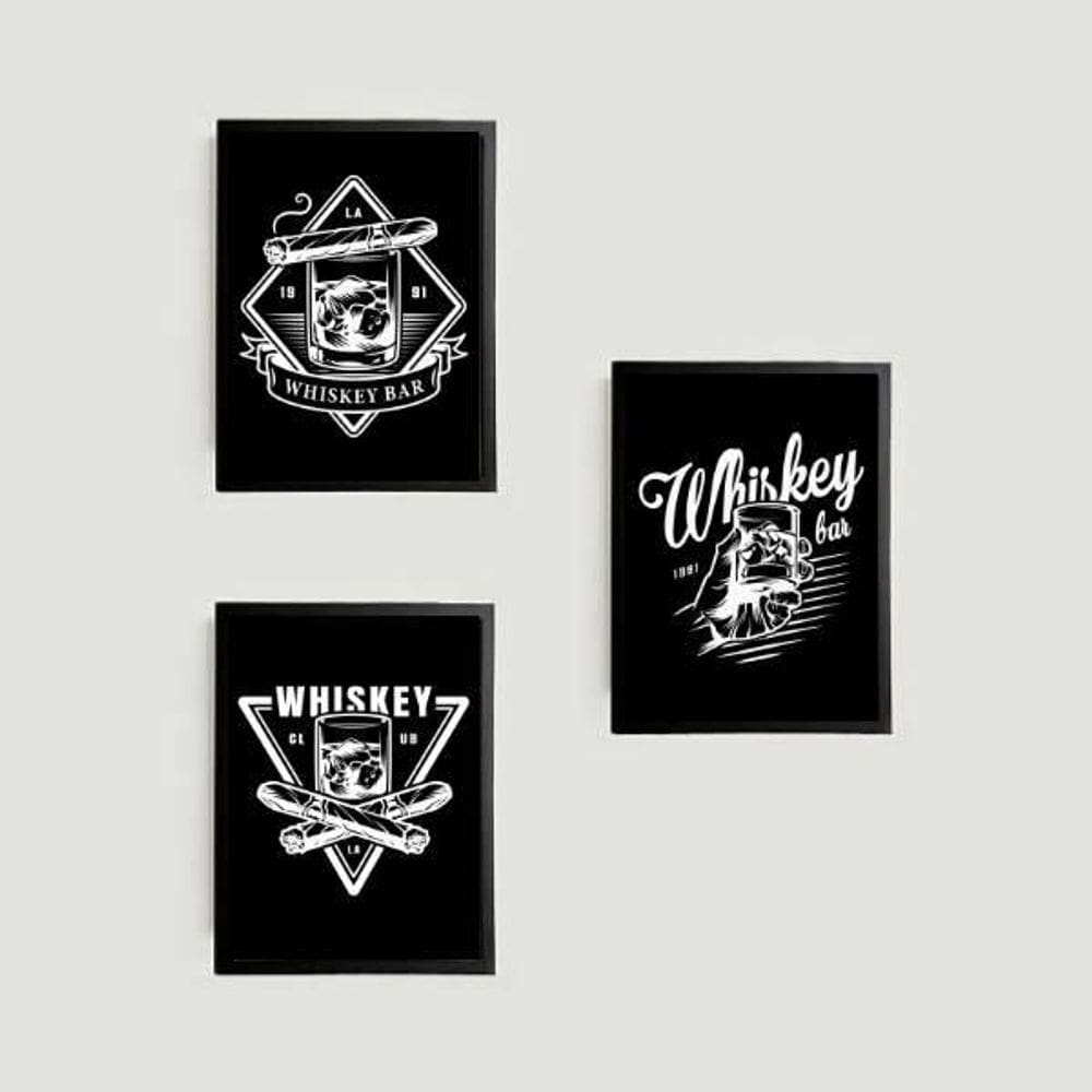Kit 3 Quadros Whiskey 45X34Cm - Com Vidro Moldura Preta