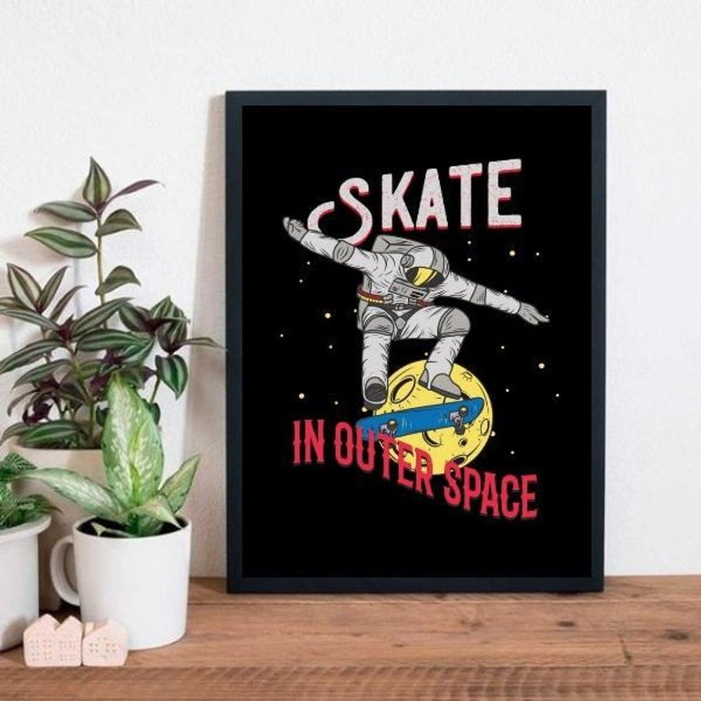 Quadro Decorativo Astronauta Skate 24X18Cm - Madeira Preta