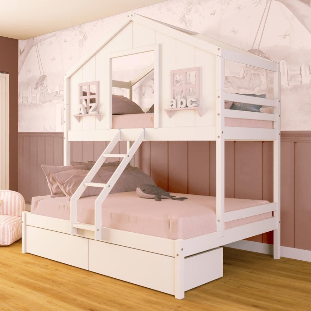 Beliche Casal/ Solteiro Casinha dos Sonhos com 02 Gavetas Madeira Maciça Branco/ Rosa Megamobilia