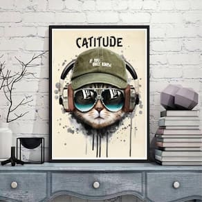 Quadro Decorativo Gato Catitude 24X18 Com Vidro - Preta
