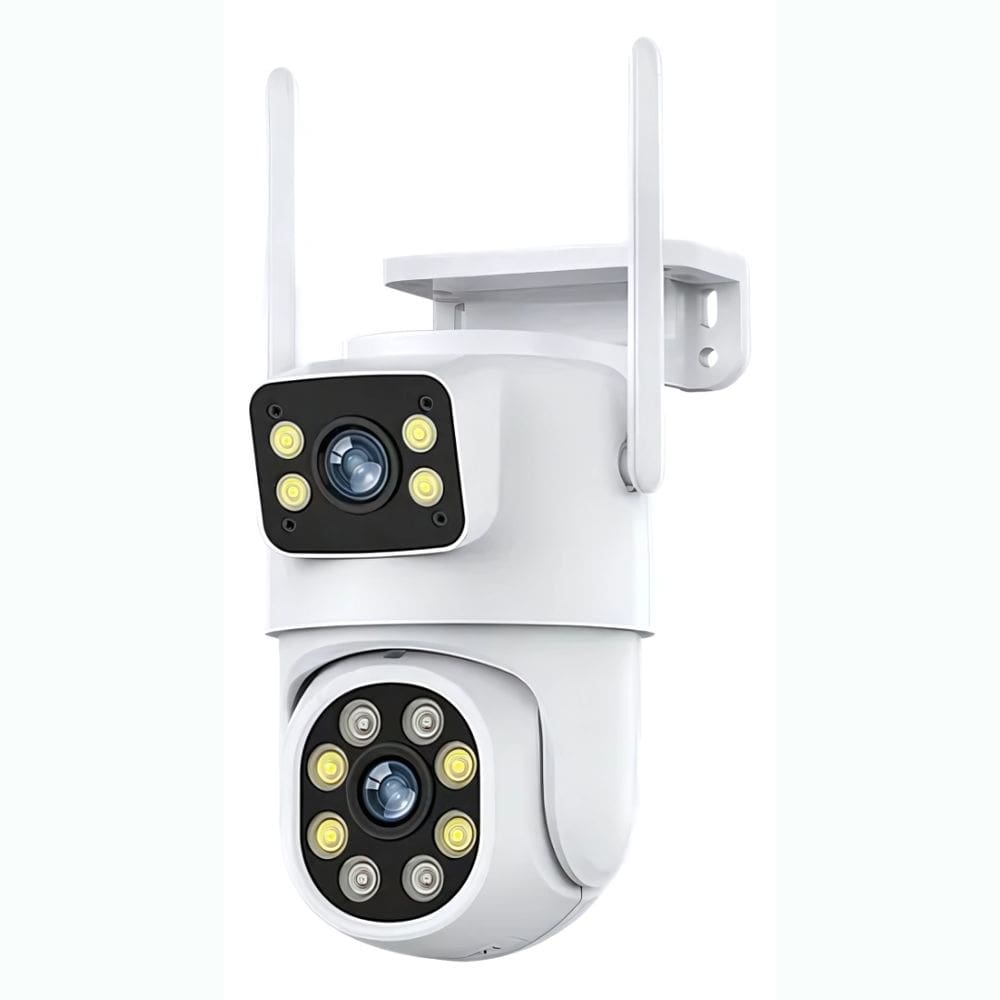 Câmera de Segurança Dupla, Giratória, IP, Wi-Fi, Full HD, 10MP, Tuya, Compatível Alexa e Google, IP66, Branca