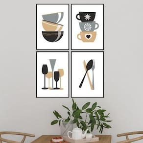 Kit 4 Quadros Cozinha Cinza E Marrom 45X34Cm Moldura Preta
