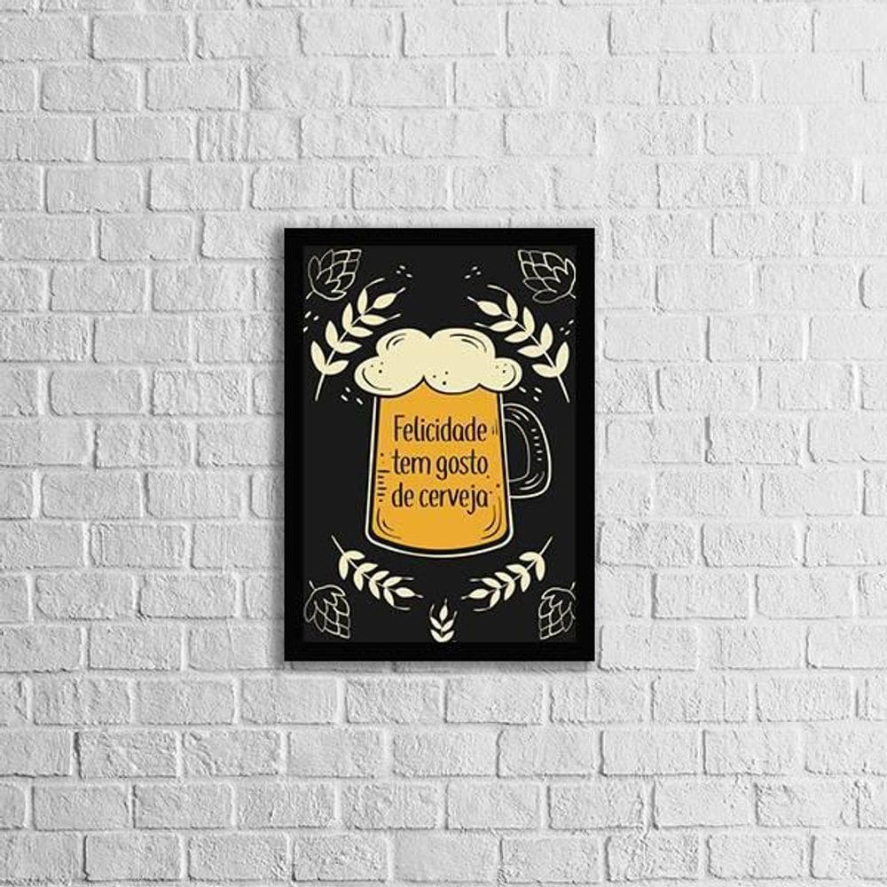 Quadro Frase Felicidade Tem Gosto De Cerveja 33X24Cm Preta