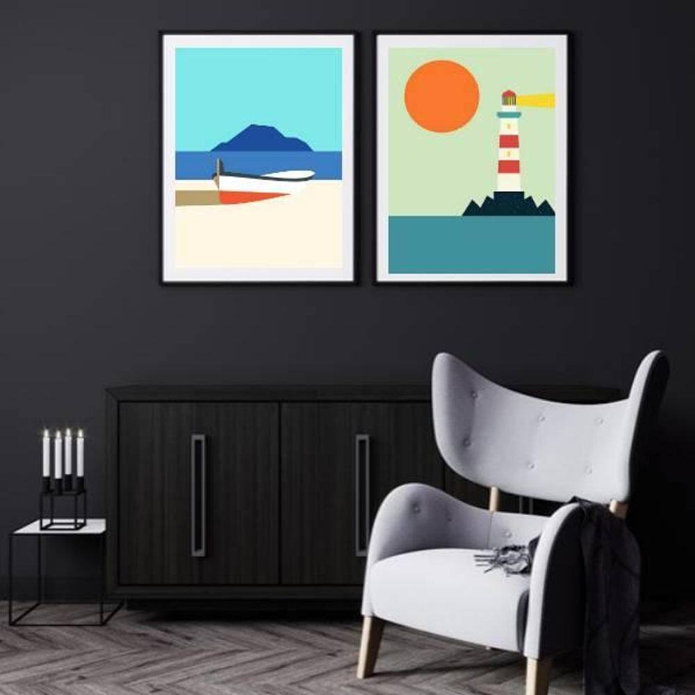 Kit 2 Quadros Marinha 33X24Cm - Com Vidro - Madeira Branca
