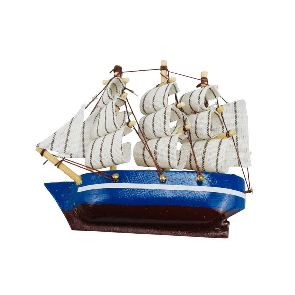Miniatura Ímã Barco Navio Veleiro Casco Azul Base Marrom