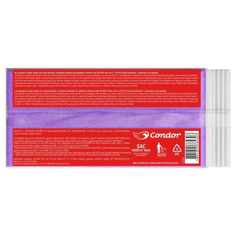 Esponja Lilás Limpeza Extrema Condor Antibac 3 Unidades Leve Mais Pague Menos