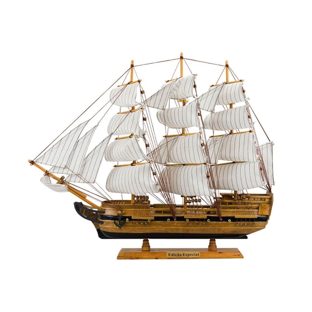 Miniatura Barco Navio Veleiro Madeira Base Preto Canhão 47x10x57cm