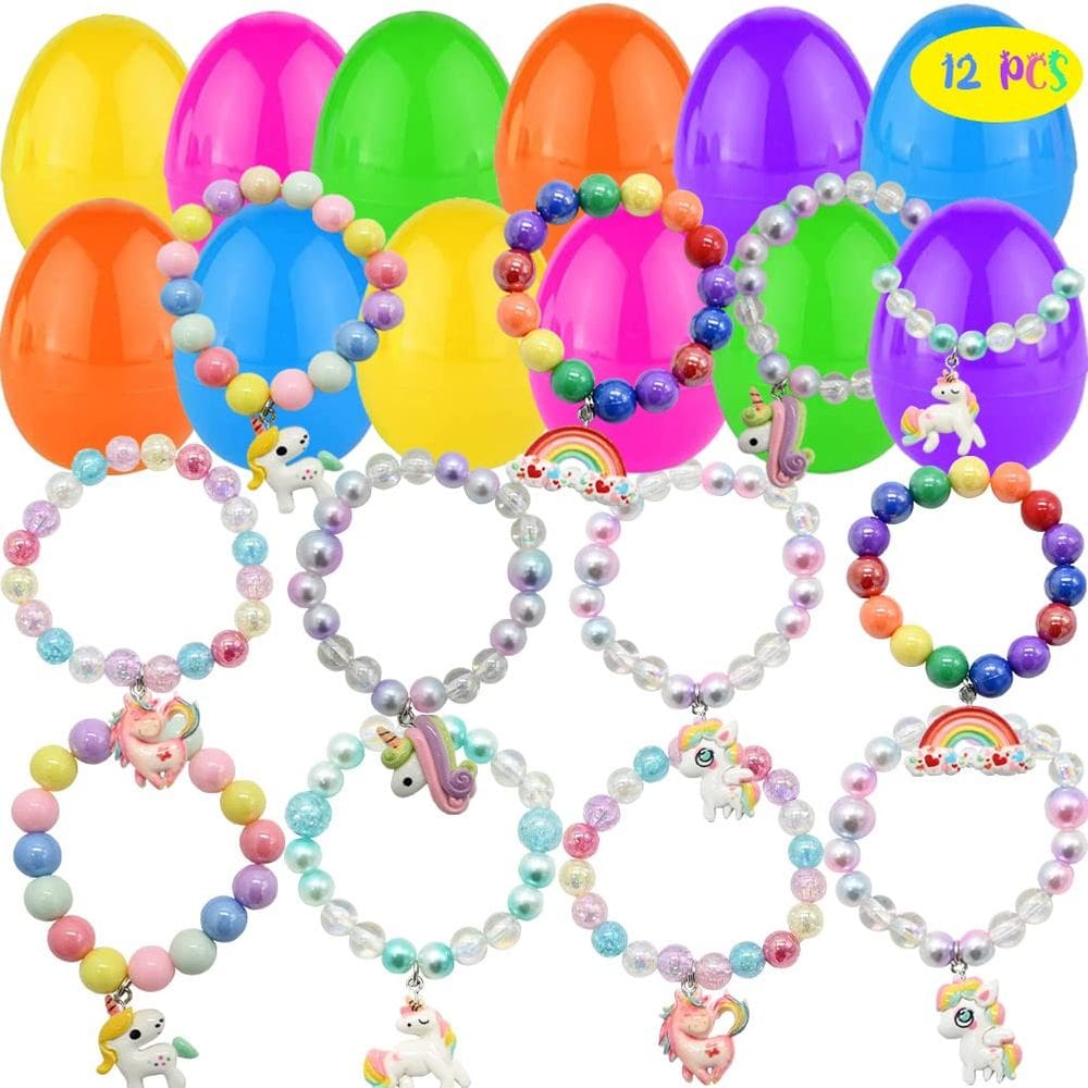 Ovos de Páscoa pré-preenchidos com pulseiras de unicórnio, 12 unidades para crianças