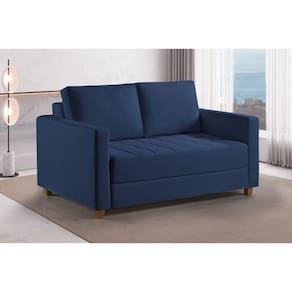 Sofá Cama Casal Marcelle 2 Lugares 150cm Linho Pé De Madeira Azul