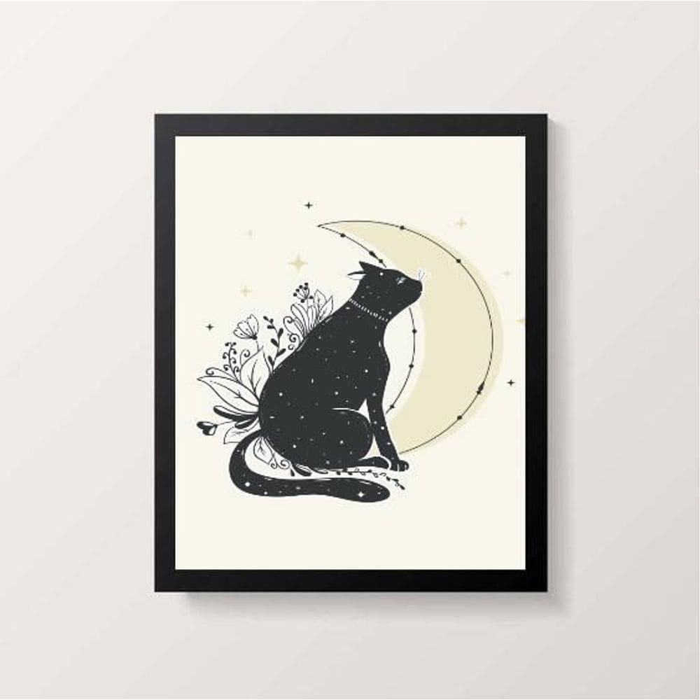 Quadro Decorativo Gato Com Lua 45X34 Com Vidro Moldura Preta