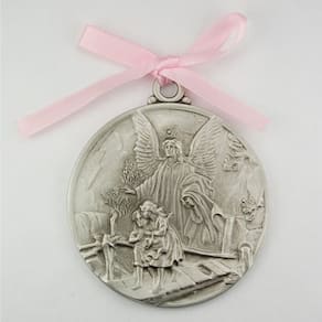 Medalha de berço Guardian Angel, fita rosa redonda de 7 cm, ótimo presente