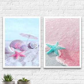 Kit 2 Quadros Estrela Do Mar Rosa E Azul 33X24Cm