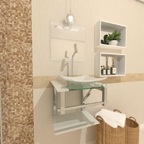Gabinete Vidro Para Banheiro 40Cm Inox Branco Com Torneira