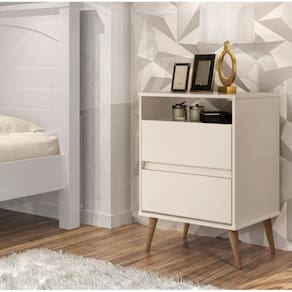 Mesa Cabeceira Estilo Retrô Pés Palito 2 Gavetas Off White