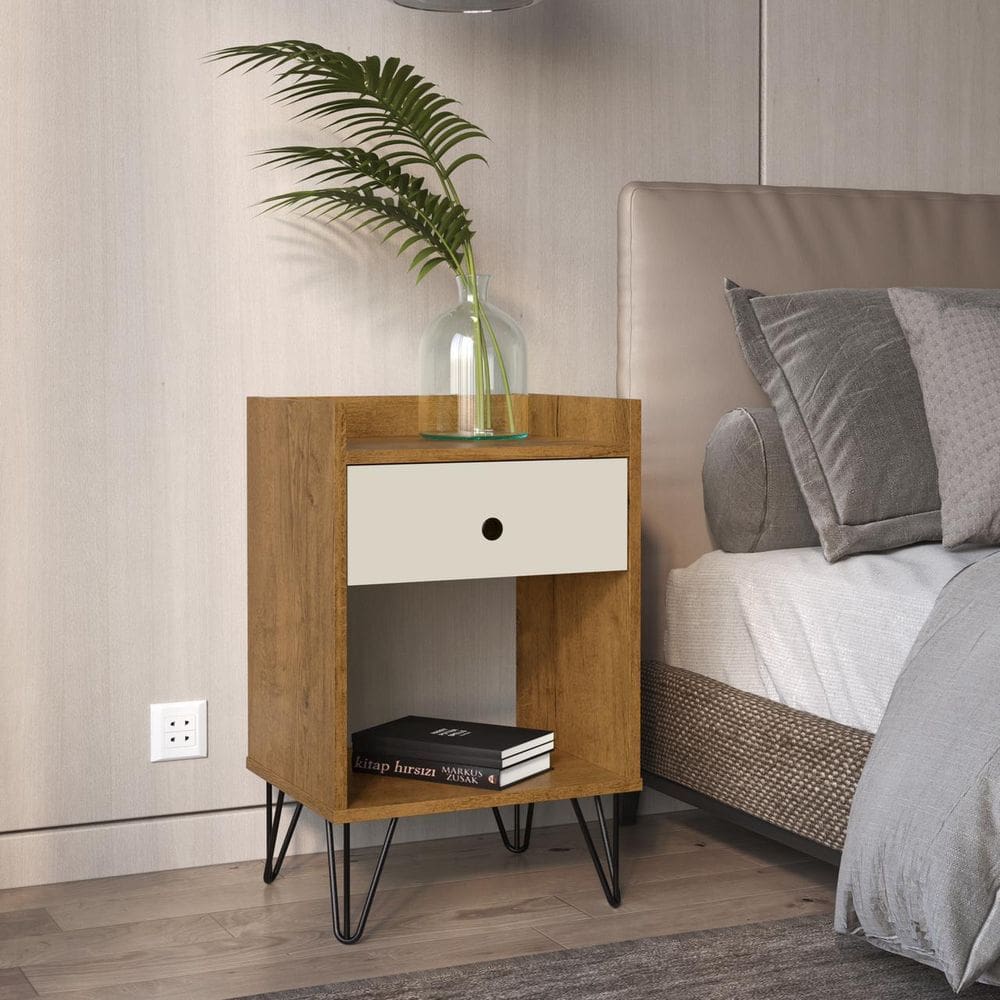 Mesa De Cabeceira Gab Estilo Retrô Pés De Ferro Freijó Com Off White Comprar Moveis Em Casa