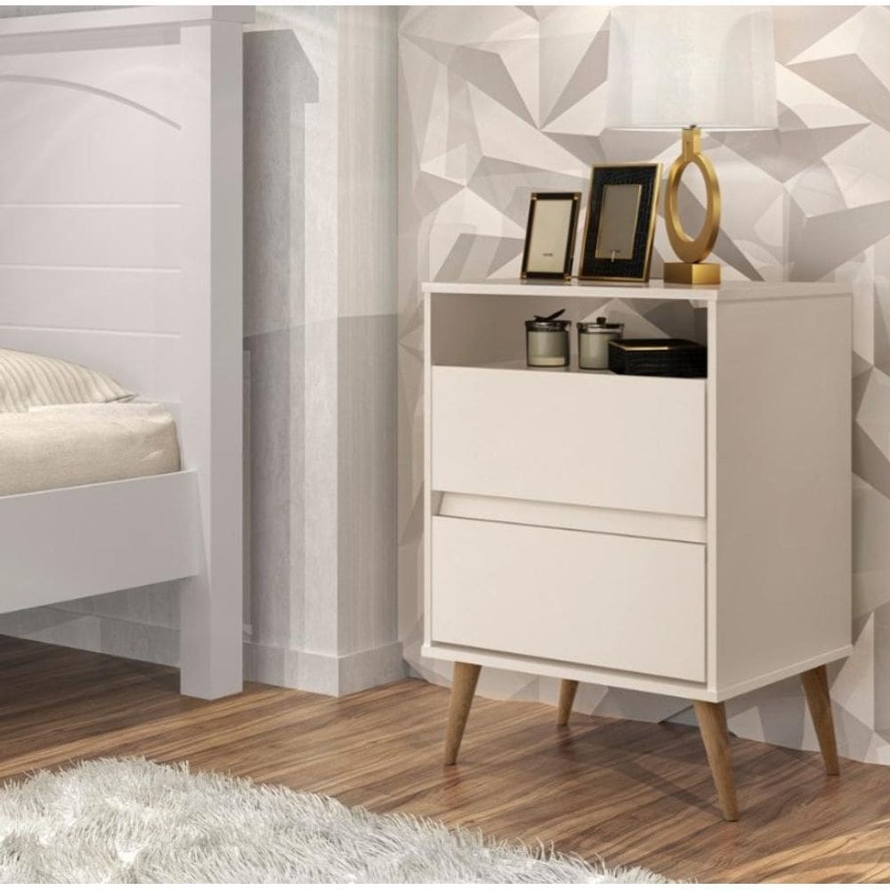 Mesa Cabeceira Estilo Retrô Pés Palito 2 Gavetas Off White