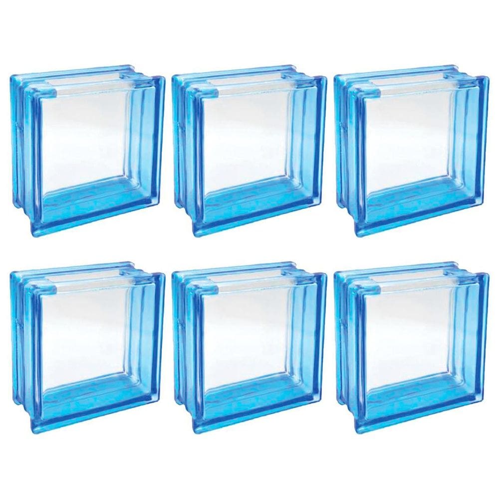 Kit 6 Bloco De Vidro Azul Furo Quadrado 19X19X8 Tradestar