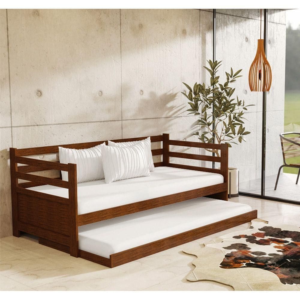 Sofá Cama Madeira Vintage Enjoy Castanho Com Prateleira Rústica - Marrom