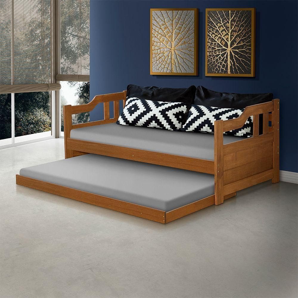 Sofá Cama Solteiro Madeira Com Cama Auxiliar E 2 Colchões Texas - Imbuia - Marrom