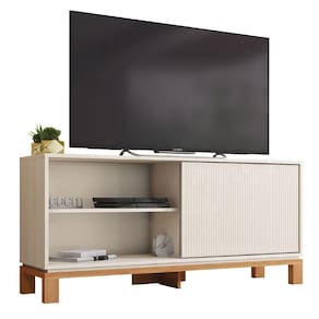 Rack Bancada Para Tv Até 45 Polegadas 1 Porta De Correr Ripada Impressão 3d Turim Madeirado/off White