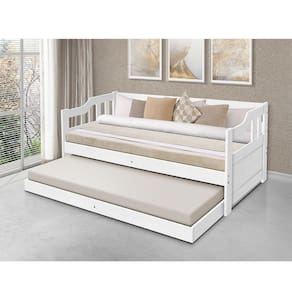 Sofa Cama Solteiro De Madeira Com Cama Auxiliar + 2 Colchões - Branco - Branco
