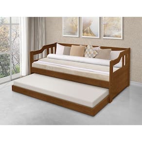 Sofa Cama Solteiro De Madeira Com Cama Auxiliar + 2 Colchões - Castanho - Marrom