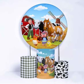 Kit Painel de Festa Redondo de 1,50m e Trio de Cilindros Fazenda do Zenon - Fera Print