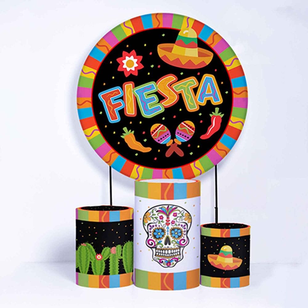 Kit Painel de Festa Redondo de 1,30m e Trio de Cilindros Fiesta - Fera Print