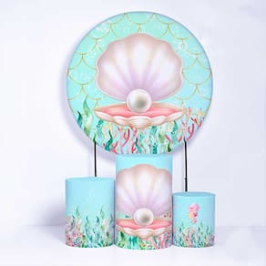 Kit Painel de Festa Redondo de 1,30m e Trio de Cilindros Fundo do Mar - Fera Print